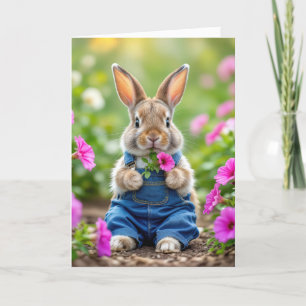 Birthday Rabbit Eating Pink Petunia Flowers Card