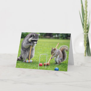 Birthday Racoon and Squirrel Playing Croquet Card