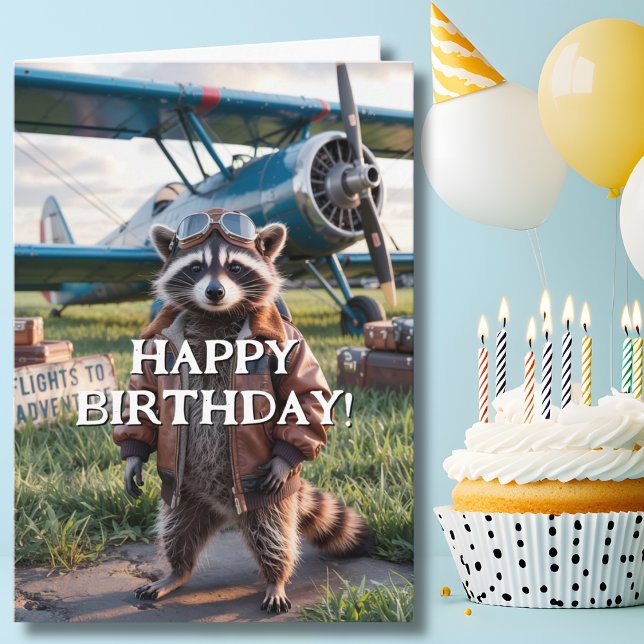 Birthday Racoon Pilot & Aeroplane Photo Funny Card (Creator Uploaded)