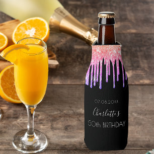 Birthday rainbow black glitter pink party bottle cooler