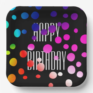 Birthday Rainbow Dots on Black Paper Plate