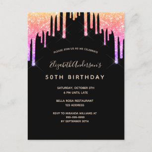 Birthday rainbow glitter black pink invitation postcard
