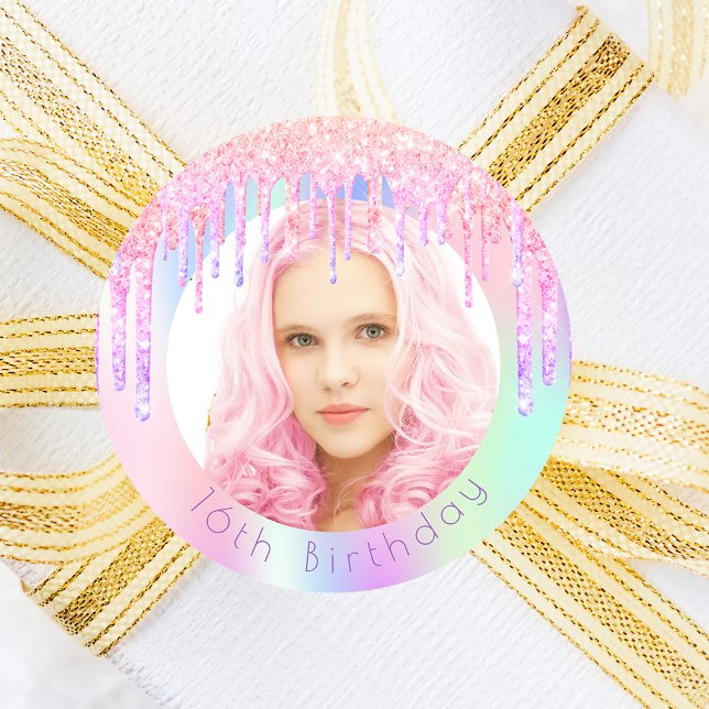 Birthday rainbow glitter drips custom photo pink classic round sticker (Creator Uploaded)