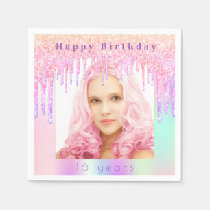 Birthday rainbow glitter drips custom photo pink napkin