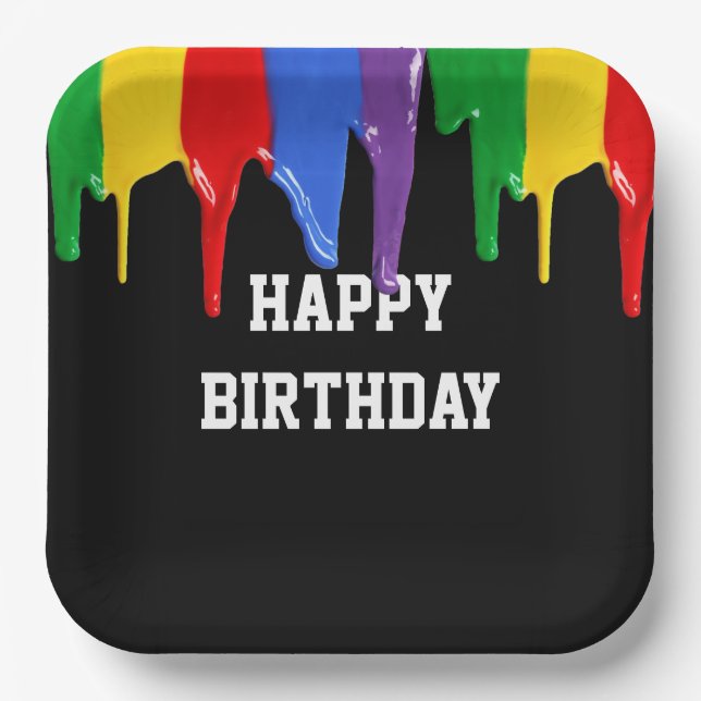 Birthday Rainbow Paints Drips  Paper Plate (Front)