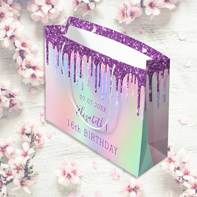 Birthday rainbow purple glitter drips monogram large gift bag (Creator Uploaded)