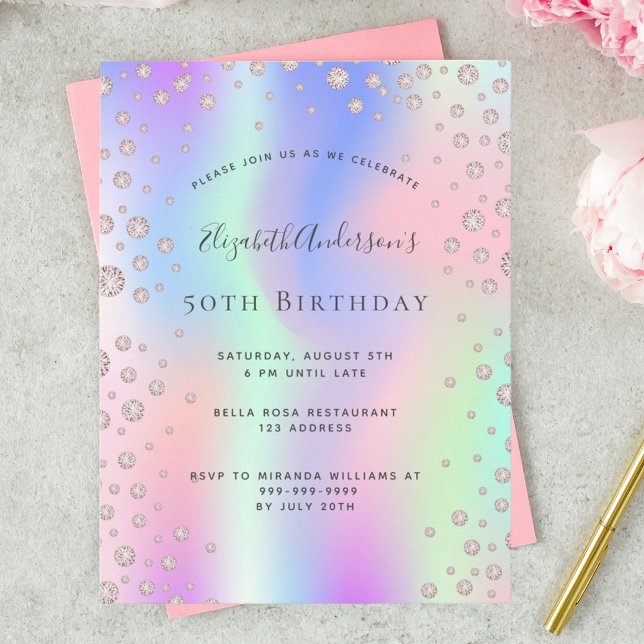 Birthday rainbow rose gold diamond pink invitation postcard (Creator Uploaded)