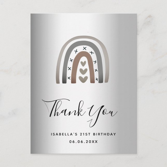 Birthday rainbow silver modern thank you postcard (Front)