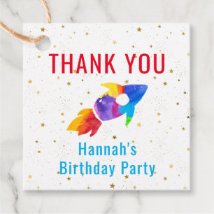 Birthday Rainbow Watercolor Rocket Outer Space Favour Tags
