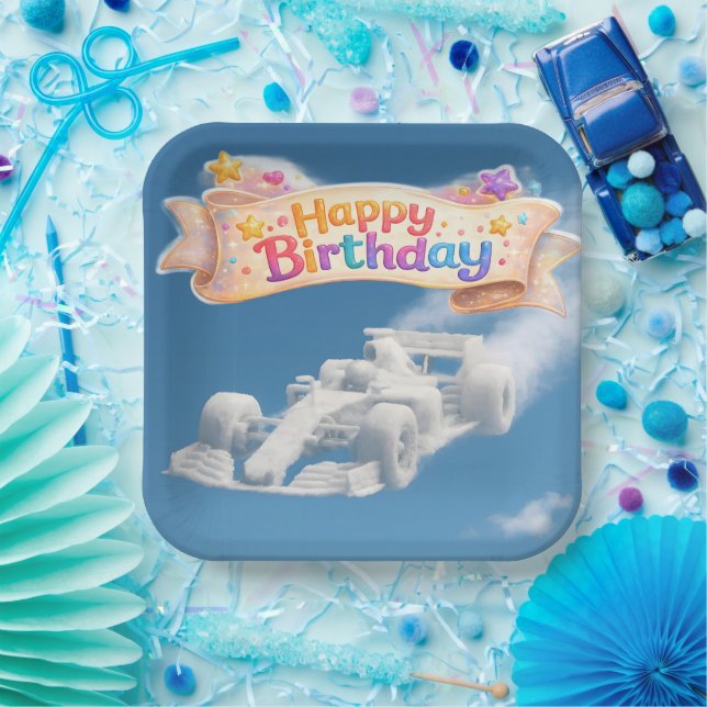 Birthday raising car cloud 9 in.² paper plate (Party)