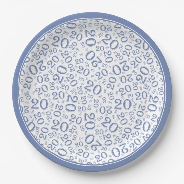 Birthday Random Number Pattern Blue/White 20 Paper Plate (Front)