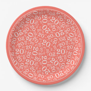 Birthday Random Number Pattern Coral/White 20 Paper Plate