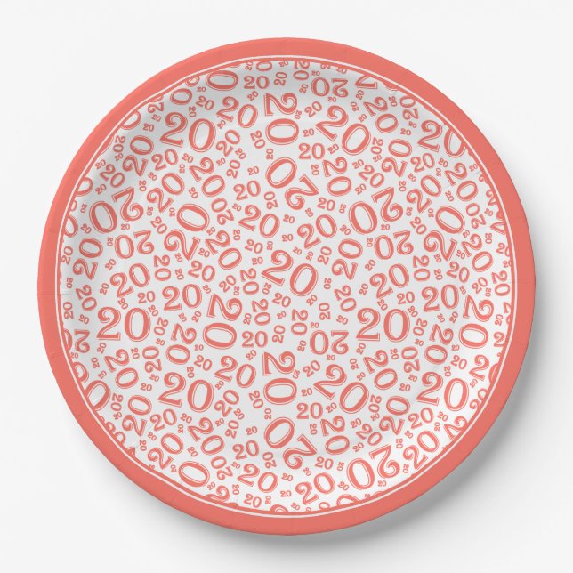 Birthday Random Number Pattern Coral/White 20 Paper Plate (Front)