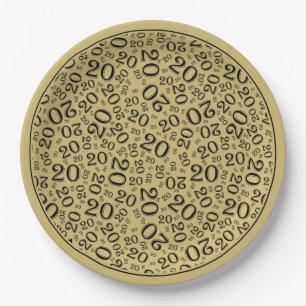 Birthday Random Number Pattern Gold/Black 20 Paper Plate