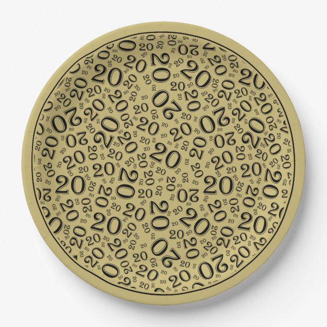 Birthday Random Number Pattern Gold/Black 20 Paper Plate (Front)