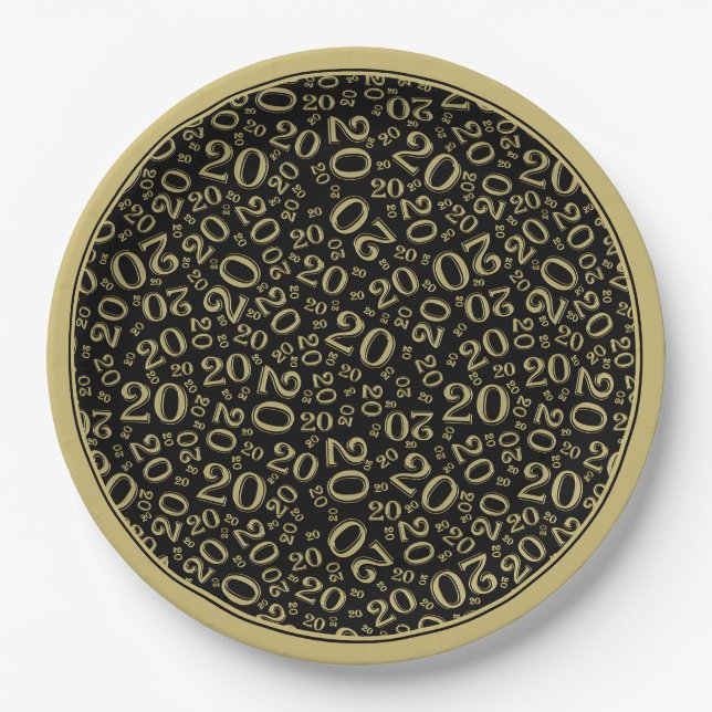 Birthday Random Number Pattern Gold/Black 20 Paper Plate (Front)