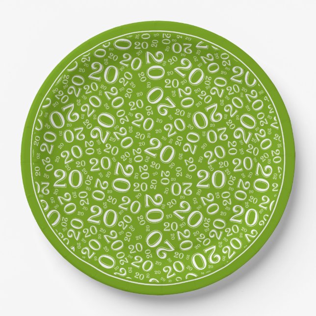 Birthday Random Number Pattern Green/White 20 Paper Plate (Front)