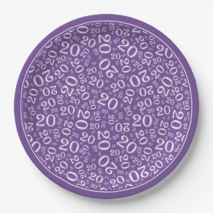 Birthday Random Number Pattern Purple/White 20 Paper Plate