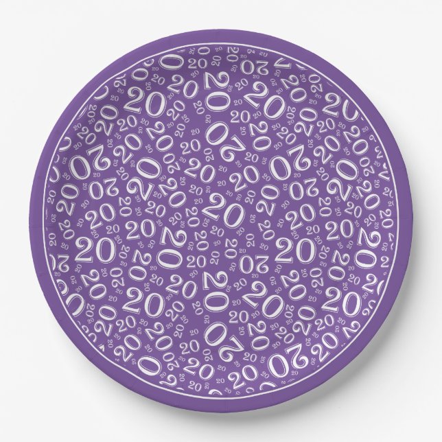 Birthday Random Number Pattern Purple/White 20 Paper Plate (Front)