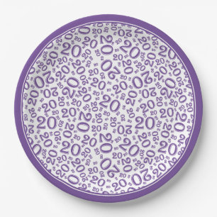 Birthday Random Number Pattern Purple/White 20 Paper Plate