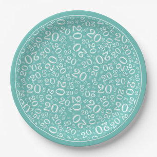 Birthday Random Number Pattern Teal/White 20 Paper Plate