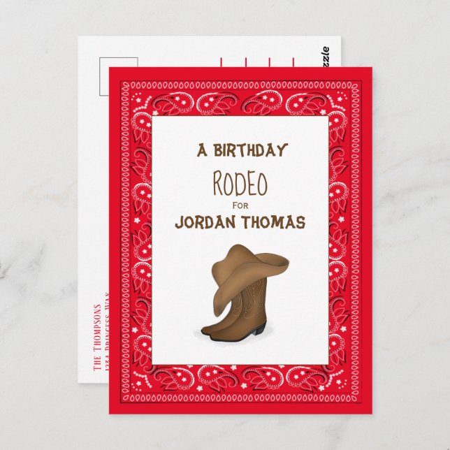 Birthday Red Bandanna Cowboy Cute Hat and Boots Postcard (Front/Back)