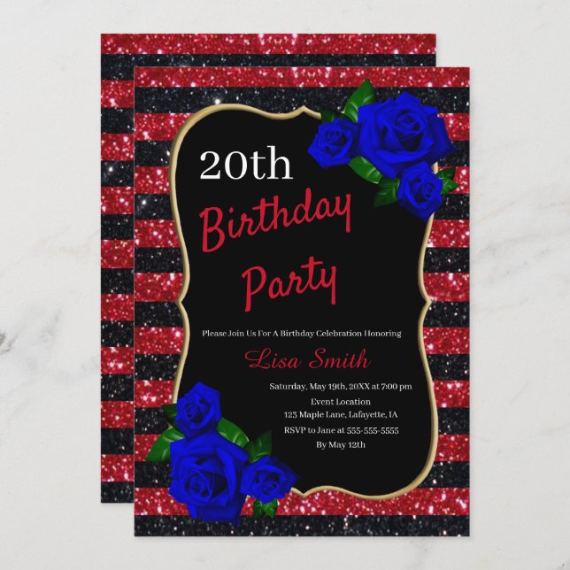 Birthday Red Black Stripes Glitter Deep Blue Roses Invitation (Front/Back)