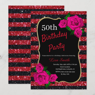 Birthday Red Black Stripes Glitter Pink Roses Invitation