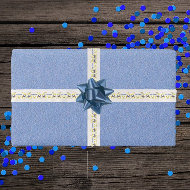 Birthday Red blue Birds Branches Yellow Flowers Satin Ribbon (Singing blue red birds on branch with bright yellow flowers on white Happy Birthday gift ribbon.)