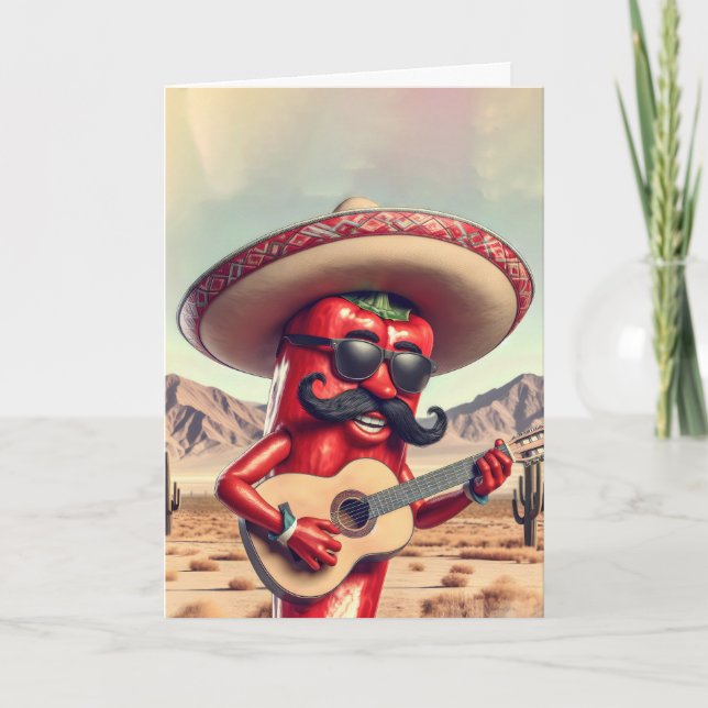 Birthday Red Chilli Pepper Guitar Player Card (Front)