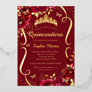 Birthday Red Gold Floral Butterfly Quinceanera