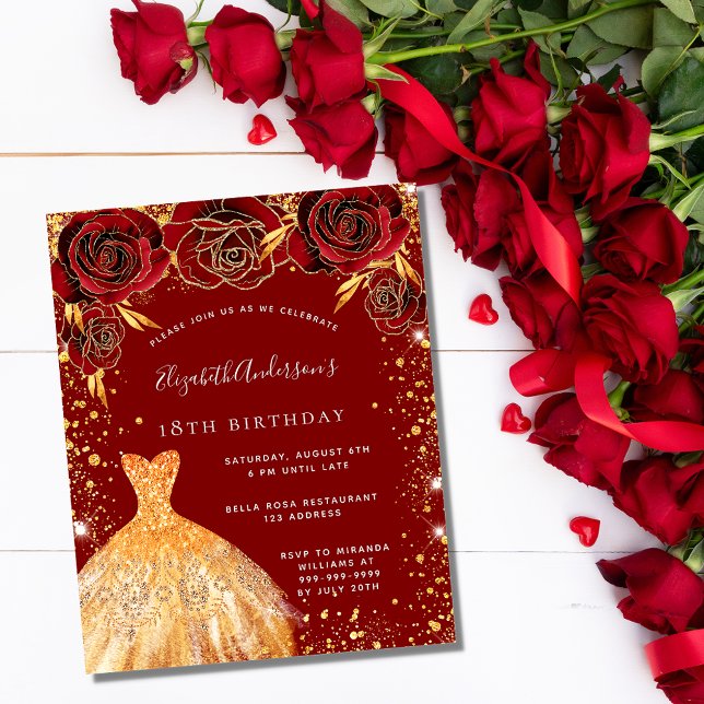 Birthday red gold glitter dress budget invitation flyer (Creator Uploaded)