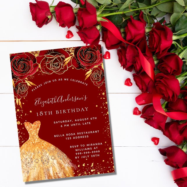 Birthday red gold glitter dress glamourous invitation (Creator Uploaded)