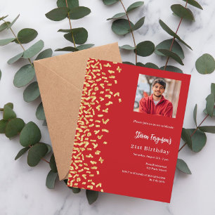 Birthday red gold photo invitation