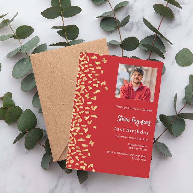 Birthday red gold photo invitation (Creator Uploaded)