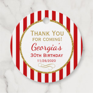 Birthday Red Gold Stripe Thank You Favour Tags
