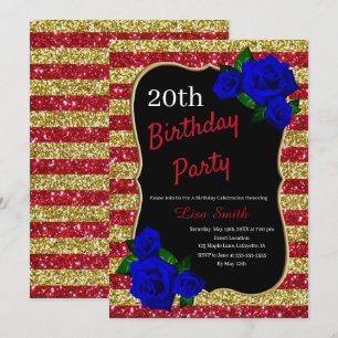 Birthday Red Gold Stripes Glitter Deep Blue Roses Invitation