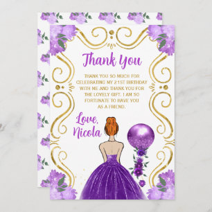 Birthday Red Hair Princess Purple Happy Birthday Thank You Card
