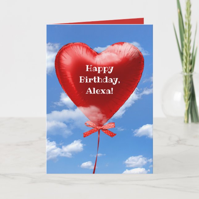 Birthday red heart balloon in clouds card (Front)