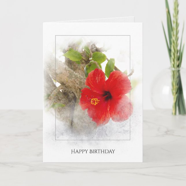 birthday red hibiscus flower in silver framing card (Front)