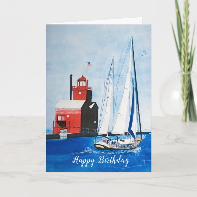 Birthday Red Michigan Lighthouse Card (Front)