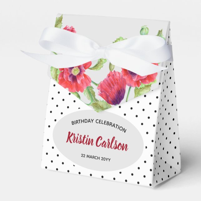 Birthday Red Poppies with Black White Polka Dot Favour Box (Front Side)
