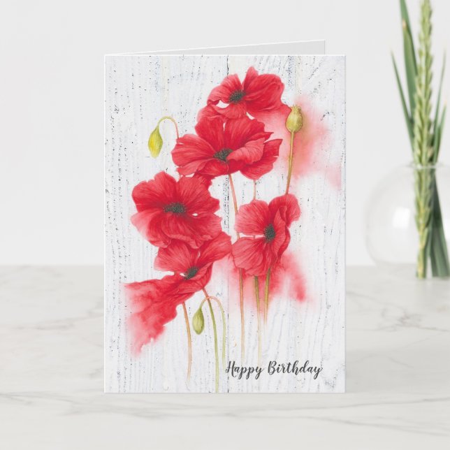 Birthday red poppy flowers card (Front)