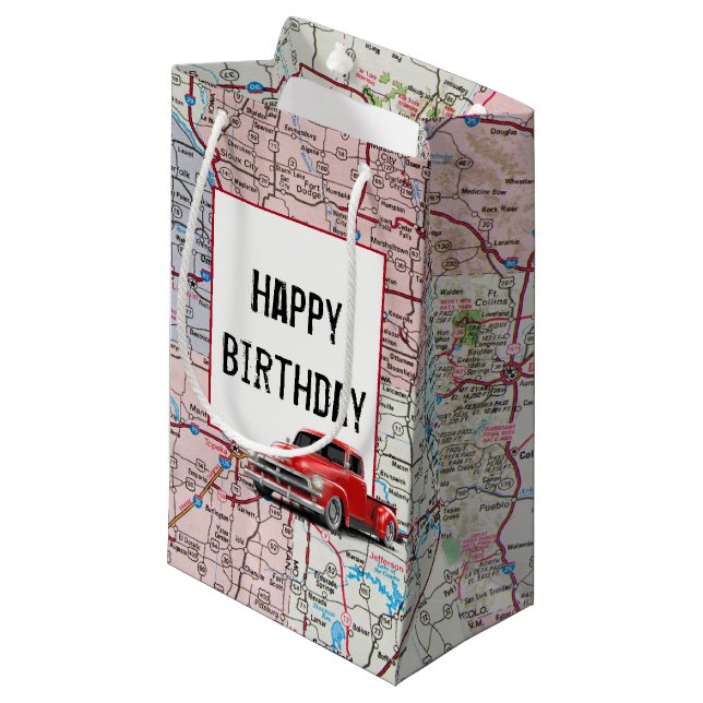 Birthday Red Retro Truck on Map  Small Gift Bag (Front Angled)