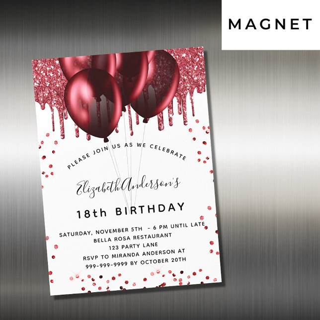 Birthday red white glitter balloons luxury magnetic invitation (Creator Uploaded)