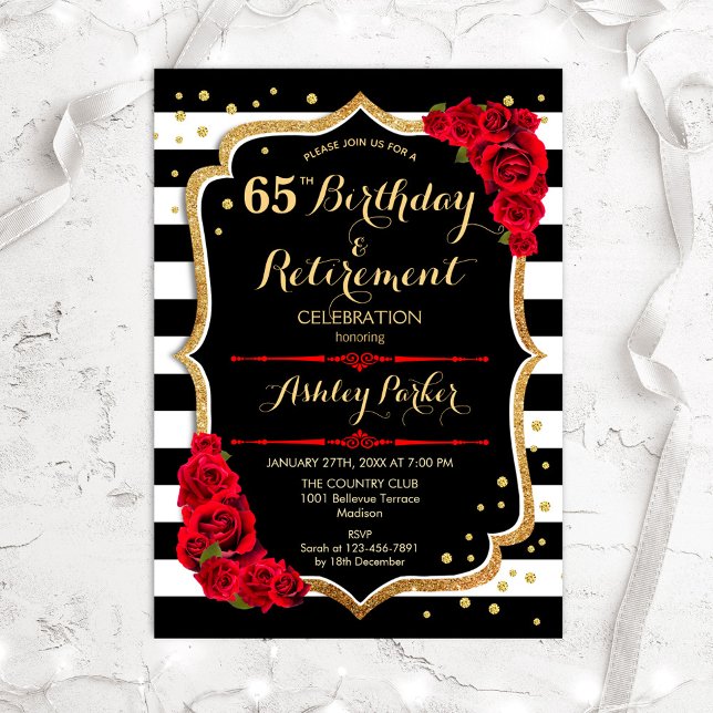 Birthday & Retirement Party - Black Red Gold Invitation (Creator Uploaded)