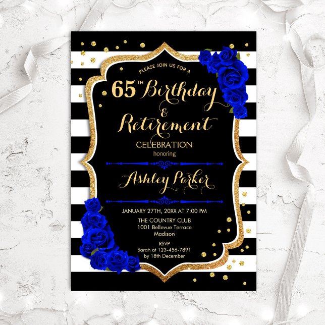 Birthday & Retirement Party Black Royal Blue Gold Invitation (Creator Uploaded)