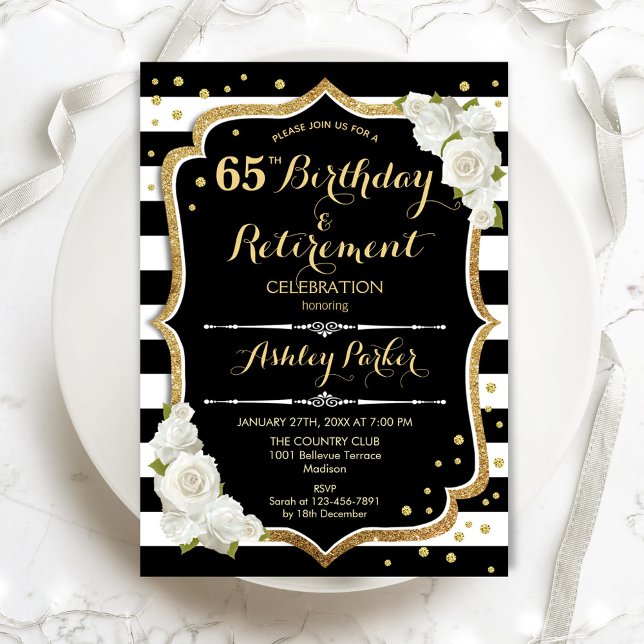 Birthday & Retirement Party - Black White Gold Invitation (Creator Uploaded)