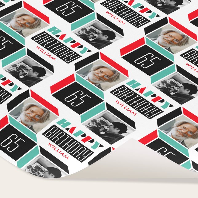 Birthday Retro Cube Photo 65th Red Green White Wrapping Paper (Creator Uploaded)