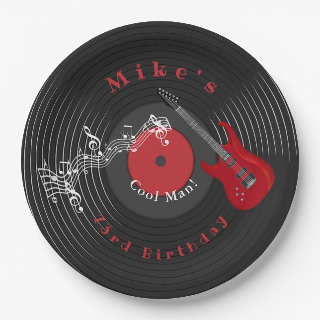 Birthday Retro Vinyl Record Rock Music Red Guitar Paper Plate (Front)